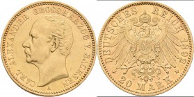 Sachsen-Weimar-Eisenach: Carl Alexander 1853-1901: 20 Mark 1892 A, Jaeger 282. 7,95 g, 900/1000 Gold, Auflage: 5.000 Exemplare, winzige Kratzer, sehr ...