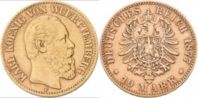 Württemberg: Karl 1864-1891: 10 Mark 1877 F, Jaeger 292. 3,91 g, 900/1000 Gold. Kleiner Randschlag, Kratzer, sonst sehr schön.
 [plus 0 % VAT]