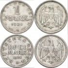 Weimarer Republik: Lot 2 Münzen: 1 Mark 1924 G, Jaeger 311, 3 Mark 1924 D, Jaeger 312, beide sehr schön.
 [taxed under margin system]