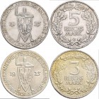 Weimarer Republik: Lot 2 Stück, 5 Reichsmark 1925 G und 3 Reichsmark 1925 A, Rheinlande, Jaeger 321 und 322, sehr schön, sehr schön-vorzüglich.
 [tax...