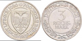 Weimarer Republik: 3 Reichsmark 1926 A, Lübeck, Jaeger 323, Kratzer, sehr schön.
 [taxed under margin system]