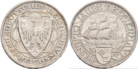 Weimarer Republik: 3 Reichsmark 1927 A, Bremerhaven, Jaeger 325, Kratzer, Randschlag, sehr schön.
 [taxed under margin system]