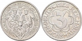 Weimarer Republik: 3 Reichsmark 1927 A, Nordhausen, Jaeger 327, Randschaden, sehr schön.
 [taxed under margin system]