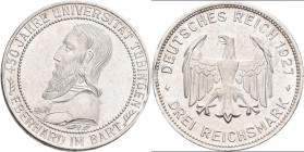 Weimarer Republik: 3 Reichsmark 1927 F, Universität Tübingen / Eberhard im Bart, Jaeger 328, Fehlprägung Zainende, sonst vorzüglich.
 [taxed under ma...