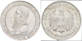Weimarer Republik: 3 Reichsmark 1927 F, Universität Tübingen / Eberhard im Bart, Jaeger 328, Kratzer, Randschlag, sehr schön.
 [taxed under margin sy...