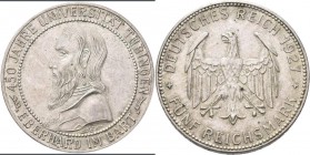 Weimarer Republik: 5 Reichsmark 1927 F, Universität Tübingen, Jaeger 329, kl. Kratzer, sehr schön.
 [taxed under margin system]