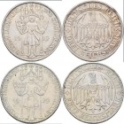 Weimarer Republik: Lot 2 Münzen: 3 Reichsmark 1929 E, Meißen, Jaeger 338 + 5 Reichsmark 1929 E, Meißen, Jaeger 339, beide sehr schön.
 [taxed under m...