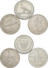 Weimarer Republik: Lot 3 Münzen: 3 Reichsmark 1930 D, Zeppelin, Jaeger 342, sehr schön, 3 Reichsmark 1930 F, Rheinlandräumung, Jaeger 345, sehr schön,...