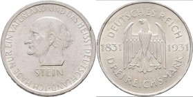 Weimarer Republik: 3 Reichsmark 1931 A, Freiherr vom Stein, Jaeger 348, Randfehler, sehr schön.
 [taxed under margin system]