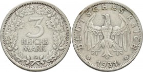 Weimarer Republik: 3 Reichsmark 1931 A, Kursmünze, Jaeger 349, Kratzer, Randschäden, sehr schön.
 [taxed under margin system]