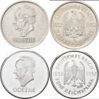 Weimarer Republik: 3 Reichsmark 1932 A, Goethe, 100. Todestag, Jaeger 350, sehr schön. Dazu 5 Reichsmark 1932 A, Goethe, vgl. Jaeger 351 als NP (999/1...