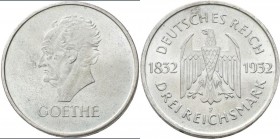 Weimarer Republik: 3 Reichsmark 1932 F, Johann Wolfgang v. Goethe, 100. Todestag, Jaeger 350, vorzüglich - stempelglanz.
 [taxed under margin system]...