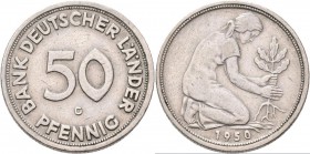 Bundesrepublik Deutschland 1948-2001: 50 Pfennig 1950 G, Bank Deutscher Länder, Jaeger 379, sehr schön.
 [taxed under margin system]
