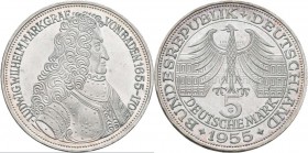Bundesrepublik Deutschland 1948-2001: 5 DM 1955 G, Markgraf von Baden, Jaeger 390, kleiner Kratzer, sonst vorzüglich - stempelglanz.
 [taxed under ma...