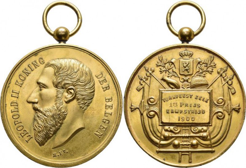 Medaillen alle Welt: Belgien, Stadt Zele: Bronzemedaille 1900, vergoldet, signie...