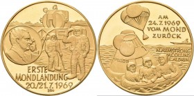 Medaillen Deutschland: Raumfahrt: Goldmedaille 1969, auf die Erste Mondlandung am 20./21.7.1969, Gold 980/1000, 25 mm, 7,9 g, Polierte Platte.
 [taxe...