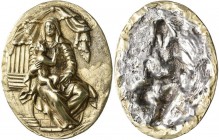Medaillen - Religion: Ovale Silberguss-Plakette, vergoldet, „Madonna mit Kind”, Peter Flötner? (um 1485-1546), Maria mit Jesusknaben neben einer Säule...