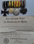Orden & Ehrenzeichen: Ordenspange mit Eisernem Kreuz I. Klasse 1914, Medaille für Tapferkeit und Treue (Württ.), Verdienstmedaille von Baden und Krieg...