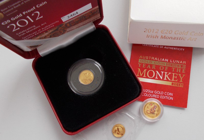 Alle Welt: Lot 3 Kleingoldmünzen, dabei: Irland 20 Euro 2012, Australien 6 Dolla...
