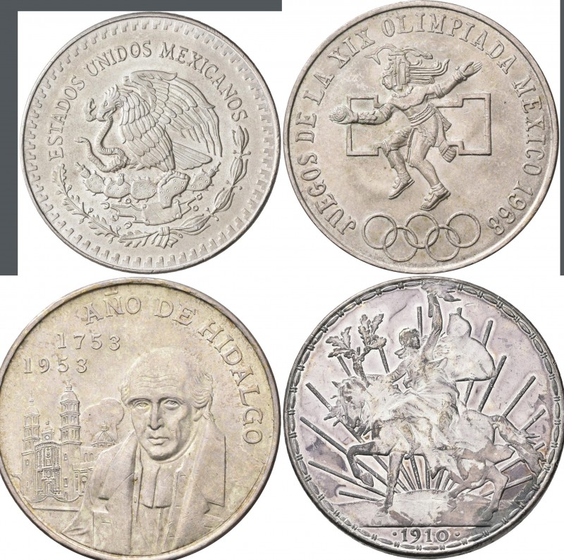 Mexiko: Lot 7 Silbermünzen, 8 Reales 1890, 1 Peso 1910, 2 Pesos 1921, 5 Pesos 19...