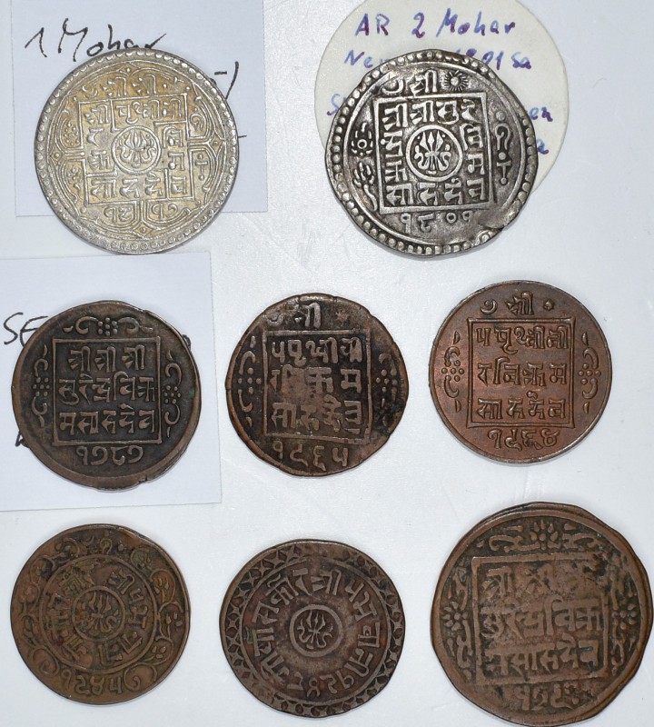 Nepal: Lot 8 Münzen, dabei: Mohar 1817SE, 5,6g Silber (KM# 651.2), 2 Mohars 1801...