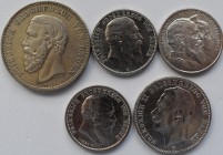 Baden: Lot 5 Münzen (Typensammlung), dabei: 5 Mark 1901 (J. 29), 2 Mark 1905 (J. 32), 2 Mark 1906 (J. 34), 2 Mark 1907 (J. 36) sowie 3 Mark 1912 (J. 3...