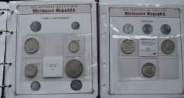 Weimarer Republik: Münzealbum Weimarer Republik, mit 11 Münzen und 11 Briefmarken. Bei den Münzen folgende Stücke: 3 RM 1927 Nordhausen (J. 327), 3 RM...