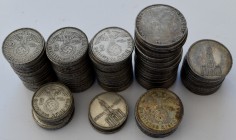 Drittes Reich: Lot 99 Münzen des Dritten Reiches, dabei: 61 x 2 Mark Hindenburg (J. 366), 3 x 2 Mark mit Datum (J. 355), 20 x 5 Mark Hindenburg, 10 x ...