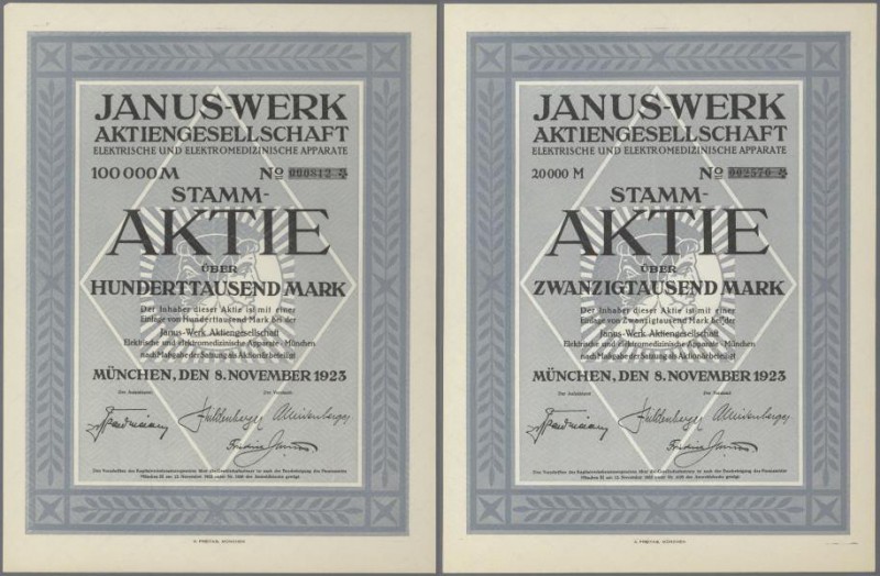 Alte Aktien / Wertpapiere: Lot 8 Aktien 8.11.1923 der Janus-Werk AG München, 5 x...