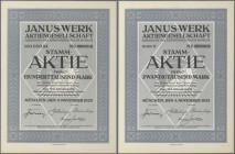 Alte Aktien / Wertpapiere: Lot 8 Aktien 8.11.1923 der Janus-Werk AG München, 5 x 20.000 Mark und 3 x 100.000 Mark.
 [taxed under margin system]