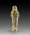 Shabti of Ramses-em-per-Ra (the biblical Moses?). New Kingdom, 19th/20th dynasty, reign of Ramses II and Ramses III, ca. 1215-1160 BC. Light green fai...