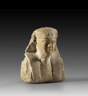 A limestone sculptor´s model with the bust of a Ptolemaic king wearing a Nemes headscarf. 3rd - 1st century BC. Reassembled from two pieces. Worn surf...
