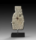 Plaque for funeral of Apis bull. New Kingdom, 19th dynasty, era of Ramses II., 1279 - 1213 BC. Limestone with copper inlays. W 4.5cm H 8.5cm. One side...