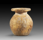 A ovoid alabaster vessel bearing the cartouche of Ramses IV (1290 - 1279 BC), crowned by double feathers and sun discs and with the hieroglyph for 'go...