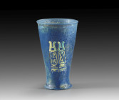 A splendid blue fajence beaker inscribed with the cartouche of Sethos I, the second pharao of the 19th dynasty (1290 - 1279 BC), crowned by double fea...