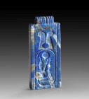 Stamp seal from the reign of Ramses II. L 4cm, W 1.8cm, D 0.5cm. Made from lapis lazuli. Seal in plaque form, hieroglyphs on the front, eyelet carved ...