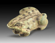 Amulet in the shape of a toad. Late Period, 945 - 332 BC. L 3,2cm. Green faience with details in black colour. Pierced lengthwise. With French export ...