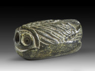 Amulet in shape of a cicada made of blackgreen stone with longitudinal drilling, L 3.8cm. Middle Kingdom, 2137 - 1781 BC. Intact. Amulett in Form eine...
