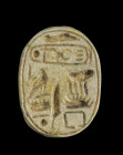 Scarab of light steatite with longitudinal drilling, L 1.8cm. On the underside: cartouche with the throne name of Amenophis II = Aa-cheperu-Re; the in...