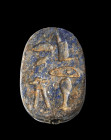 Scarab of lapislazuli with longitudinal drilling, L 1.3cm. On the underside hieroglyphs. New Kingdom, 1540 - 1070 BC. Intact. Skarabäus aus Lapislazul...