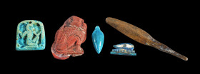 Collection of amulets: a) Amulet of the goddess Heh: B 2.2cm, H 2.5cm, D 0.5cm. Made of turquoise faience. With drilling in the image field. Flat back...