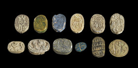 Collection of scarabs: L 1.1 - 2.1cm. Made of steatite with longitudinal drilling, some with glaze, one piece made of stone and one made of faience (L...