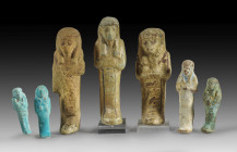 Collection of Shabtis. a) Shabti for Nes-Thot. Faience, H 11.5cm. 22nd Dynasty, ca. 945 - 715 BC. Glaze worn, foot broken, flaking at head and shoulde...