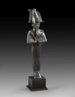 Bronze statuette of Osiris: H 19.5cm. H 19.5cm. Cast bronze with gilding. Standing Osiris wrapped in a tight robe, with atef-crown and beard of the go...