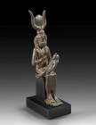 Bronze figure of Isis and Horus. Seated goddess with her feet resting on an integral plinth, wearing a tightly fitting sheet and a vulture headdress f...
