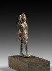 Small bronze statuette of a pharao with Nemes-headscarf, H 6.5cm (without stand), H of the stand 1.5cm. Late Period, 664 - 332 BC. Nice green-brown pa...