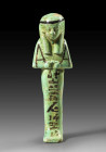 Turquoise faience shabti of Tasamer with black painting, H 12.5cm, H with stand 15cm. Third intermediate Period, 2st - 22nd dynasty, 1075 - 712 BC. Ti...