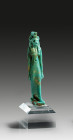 Turquoise faience figure of Sakhmet with uraeus, behind the head an eyelet, H 7.7cm. Late Period, 26th - 30th dynasty, about 664 - 332 BC. Intact. Wit...