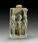 A faience amulet with the gods Nephtys, Harpokrates and Isis, at the upper edge a suspension lug. H 34mm, W 17mm, D 11mm. Perfect preservation! Late P...