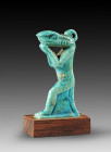 Turquoise glazed faience amulet of the seated god Nehebkau. On wooden base, in very good condition! 3rd Intermediate Period, ca. 1070-712 BC. With cop...